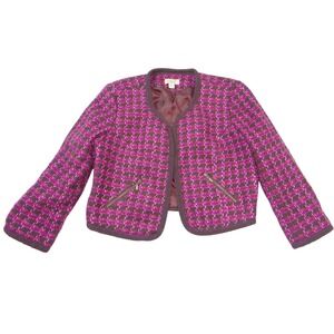 One World Womens Purple Brown Houndstooth Cropped Open Front Jacket Large 1988